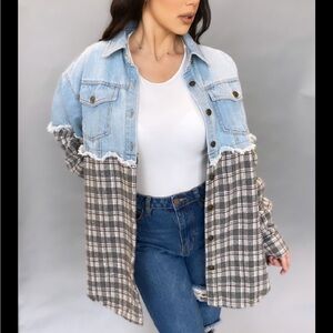 Two-Tone Denim and Plaid Shirt Jacket